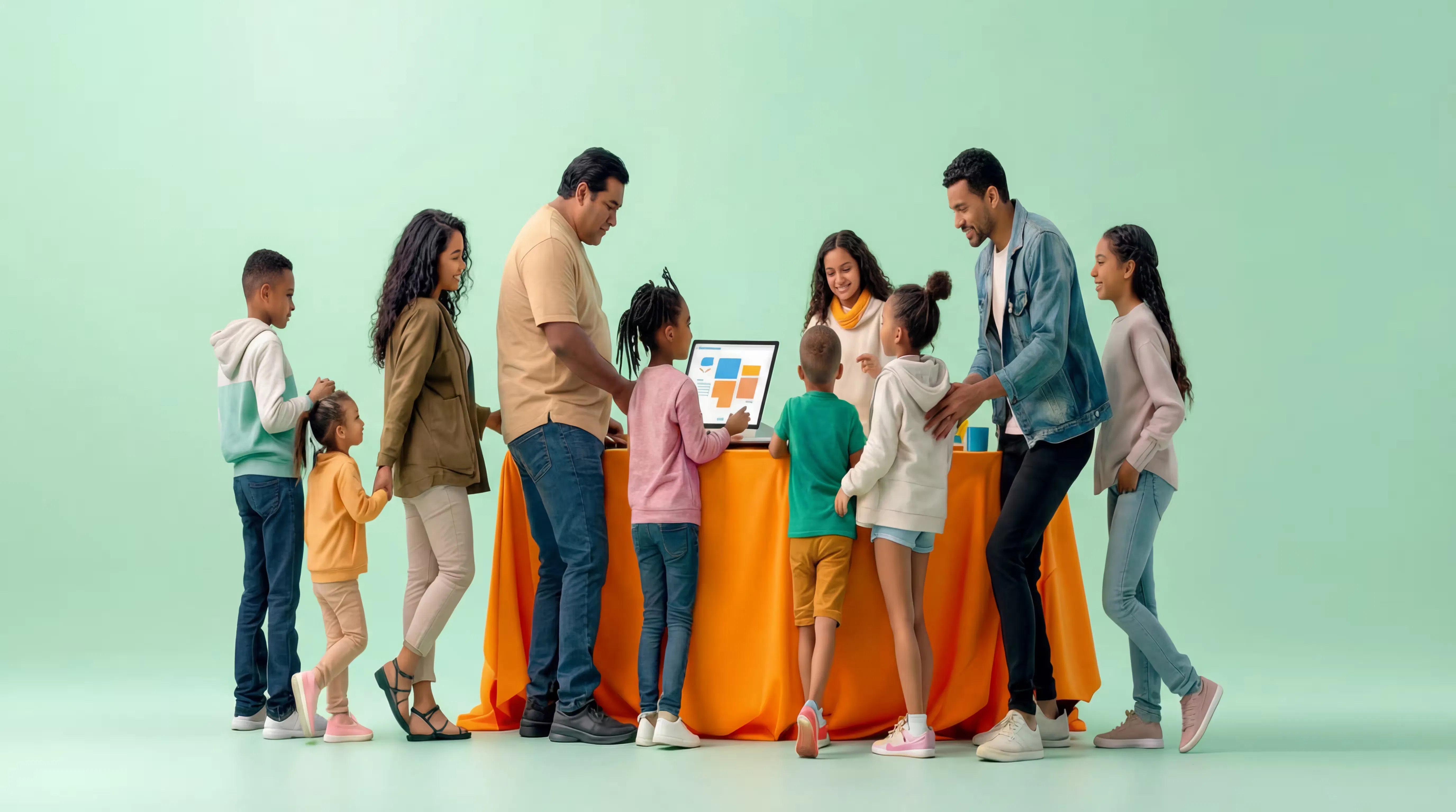 A diverse group of families and youth collaborating around a workstation, highlighting inclusive technology access and community engagement.