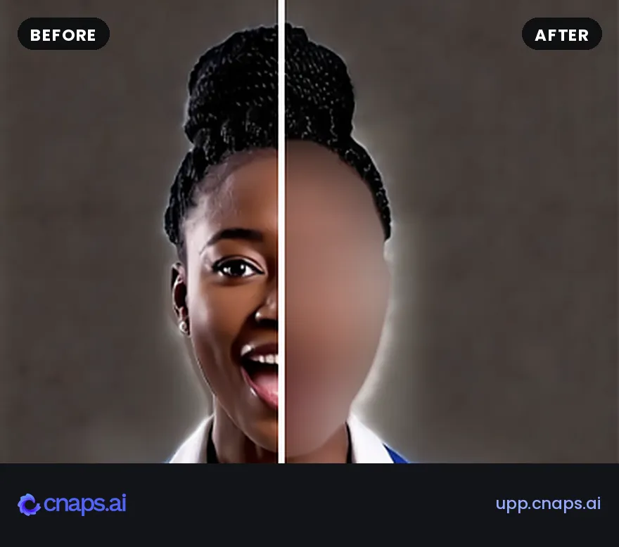 A photo before and after BlindSpot redacts the face