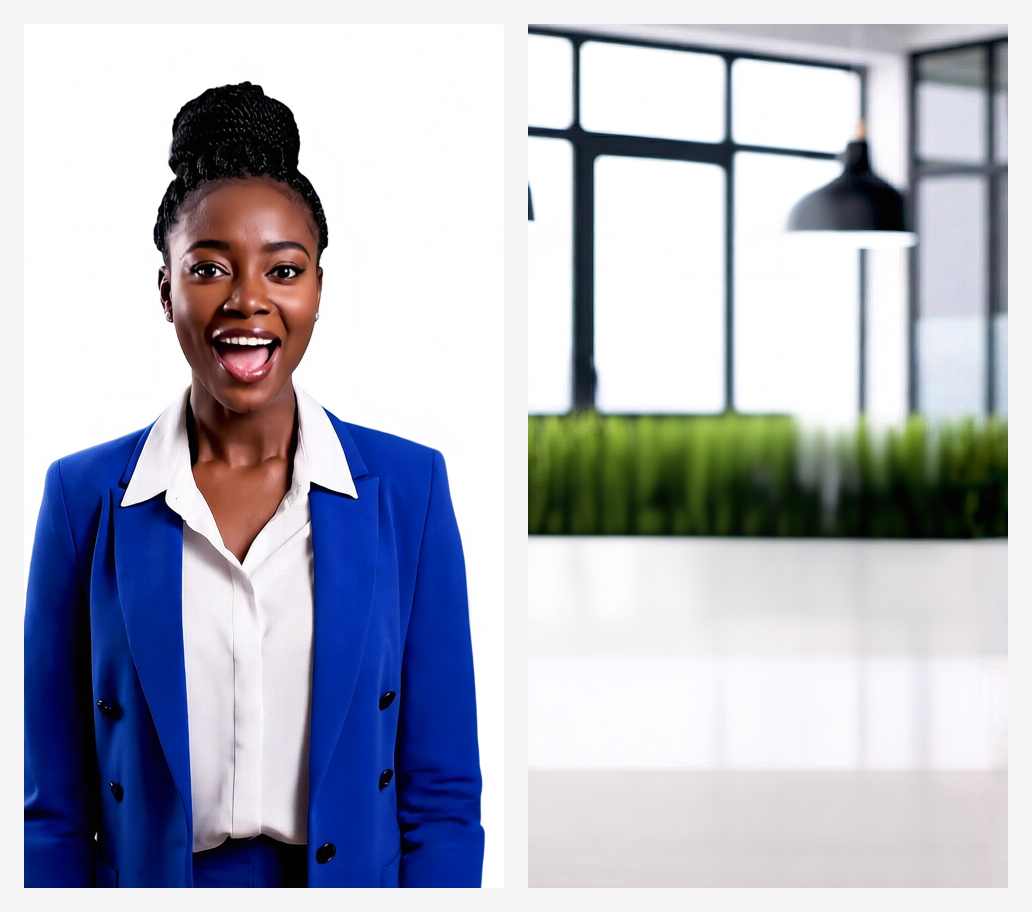 Two output layers side by side: the woman cut out with a transparent background, and the office interior rebuilt without her in it.
