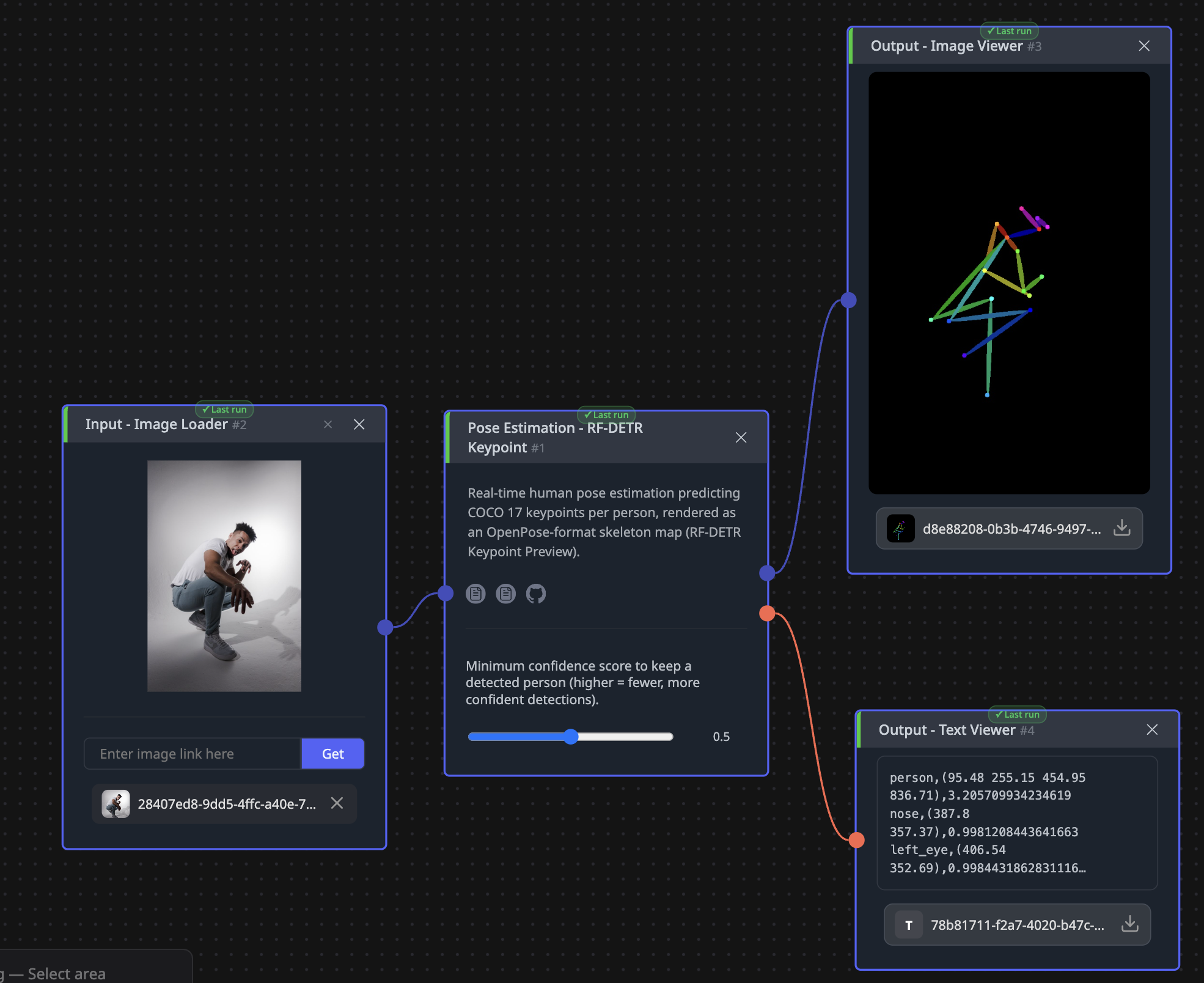 A photo of a person goes into RF-DETR Keypoint in CNAPS Studio and returns a coloured stick-figure skeleton on a black background plus a text list of joint names, coordinates and confidence scores.