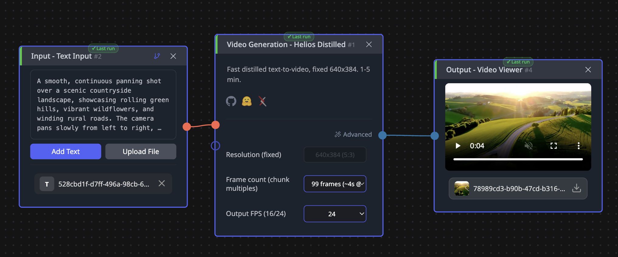 A written scene description goes into Helios Distilled in CNAPS Studio at 99 frames and 24 frames per second, and a short generated clip comes back in the video viewer.