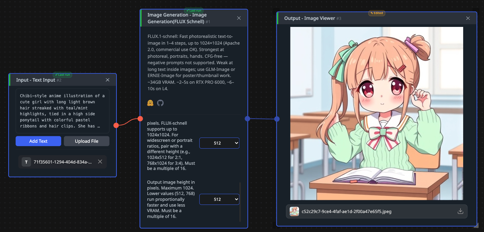 A written prompt goes into FLUX Schnell in CNAPS Studio with the step count and output size set, and a generated image comes back in the viewer.