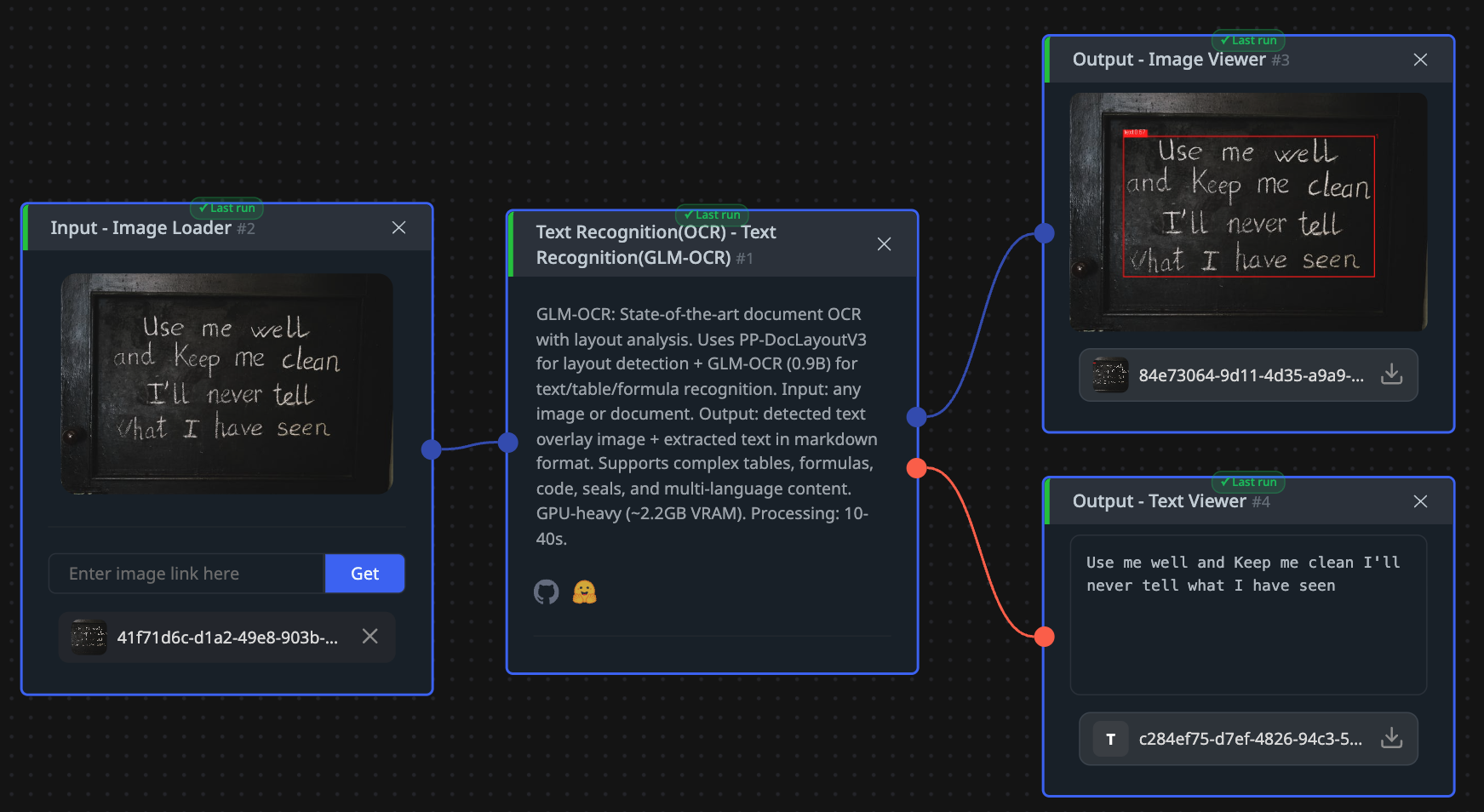 A photographed chalkboard goes into GLM-OCR in CNAPS Studio and comes back twice: as an image with the handwritten block outlined, and as plain text in the text viewer.