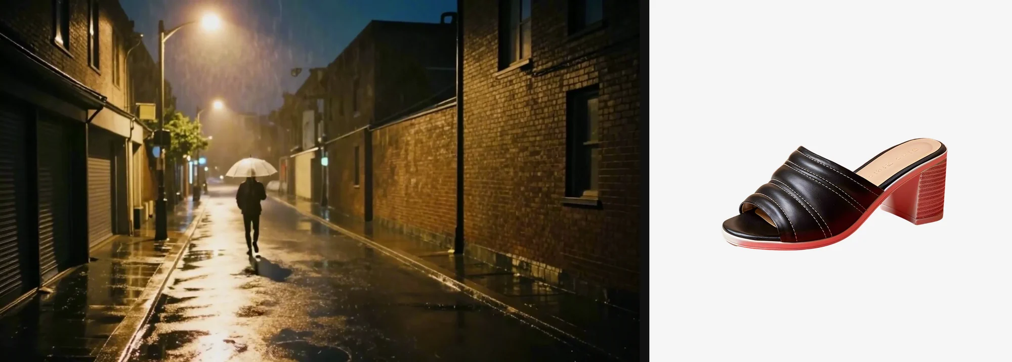 A rainy city street at night with a person under a clear umbrella, next to a black heeled sandal cut out on a light background.
