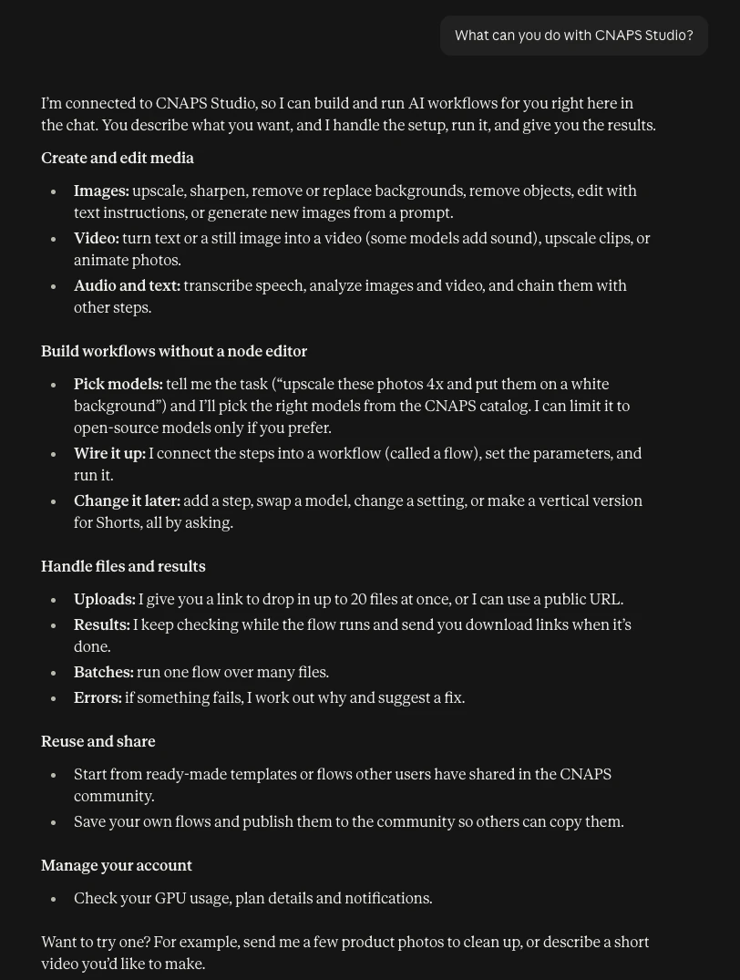 Claude chat answering 'What can you do with CNAPS Studio?' with a list of image, video and workflow tasks.