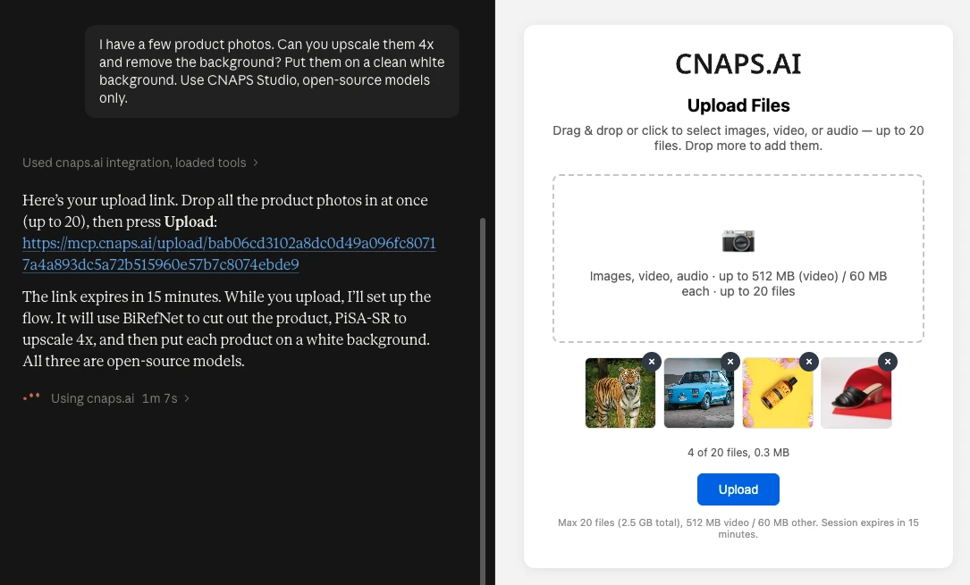 Claude chat with an upload link on the left and the CNAPS.AI upload page with four photos ready on the right.