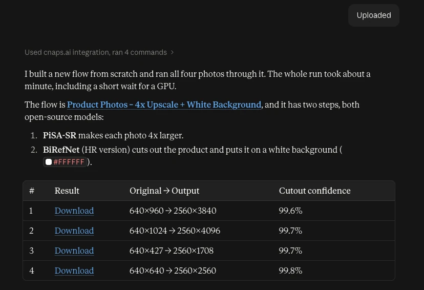 Claude reply showing a two-step flow, PiSA-SR then BiRefNet, and a table of four results upscaled from 640px to 2560px.