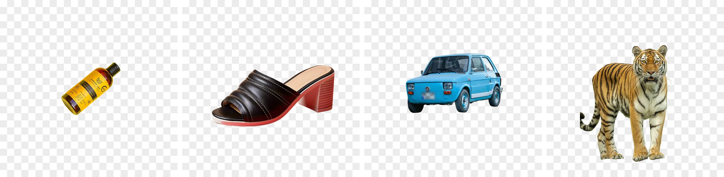 Four cutouts on a transparent background: a serum bottle, a heeled sandal, a blue car and a tiger.