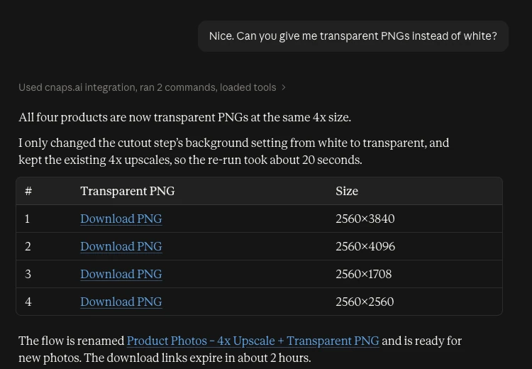 Claude reply confirming four transparent PNGs after changing one setting, re-run in about 20 seconds.