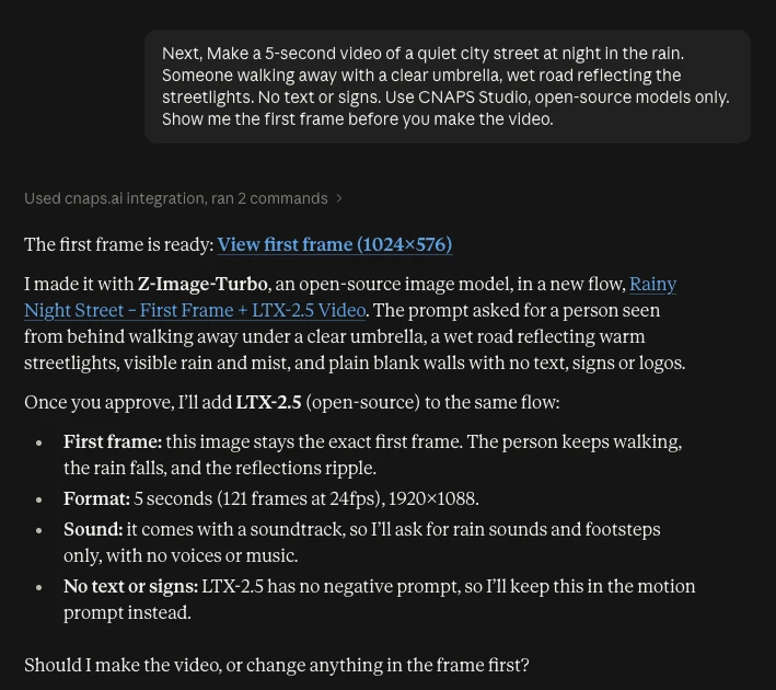 Claude reply with a first-frame image link from Z-Image-Turbo and a plan to animate it with LTX-2.5.