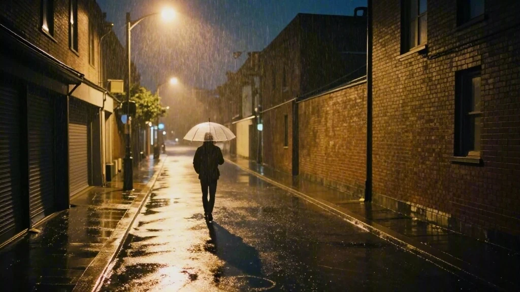 A person with a clear umbrella walking away down a wet, empty city street at night under warm streetlights.