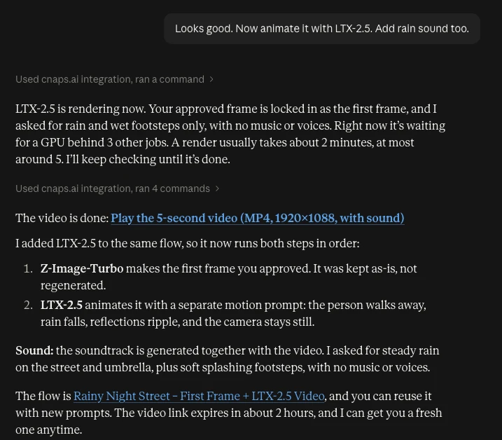 Claude reply saying the 5-second 1920x1088 video with sound is done, after waiting in the GPU queue.