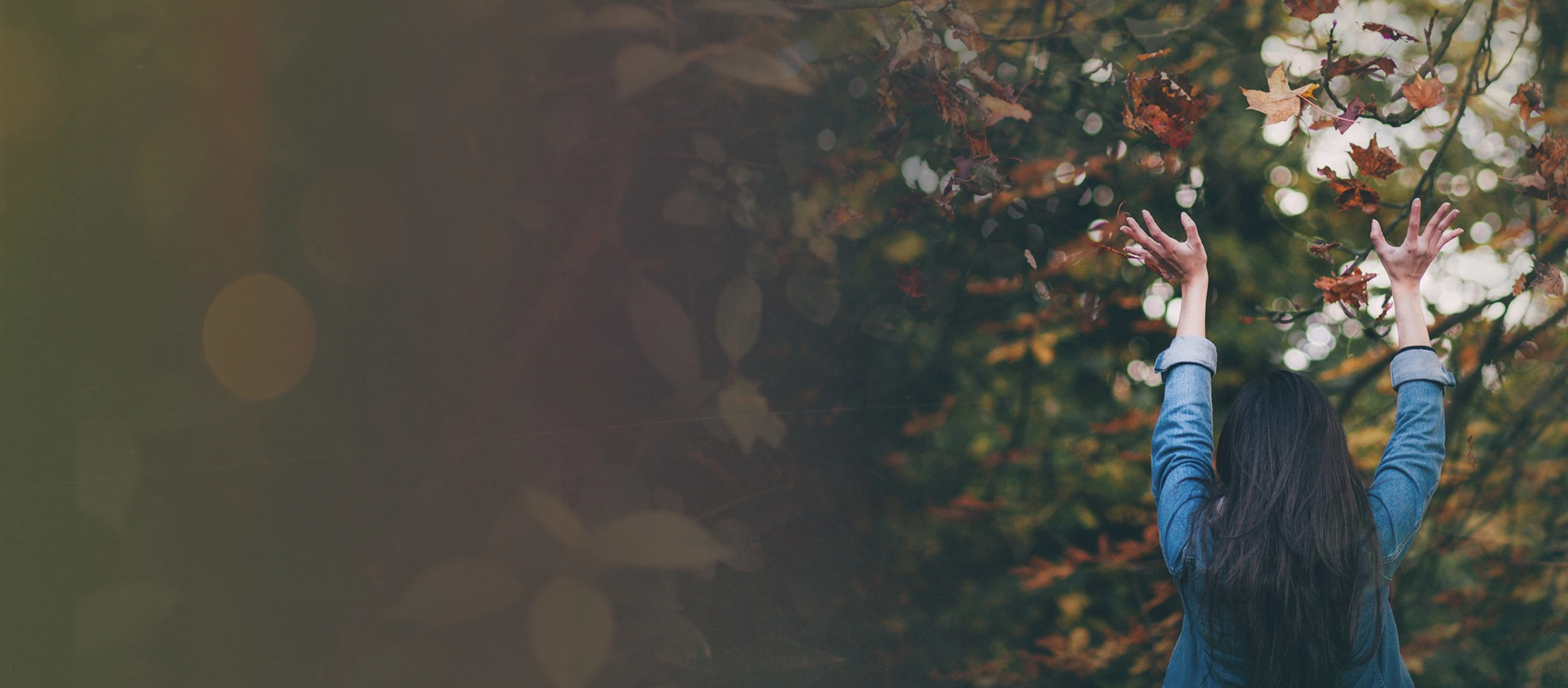 Person with long dark hair wearing a denim jacket tossing autumn leaves into the air in a forest.