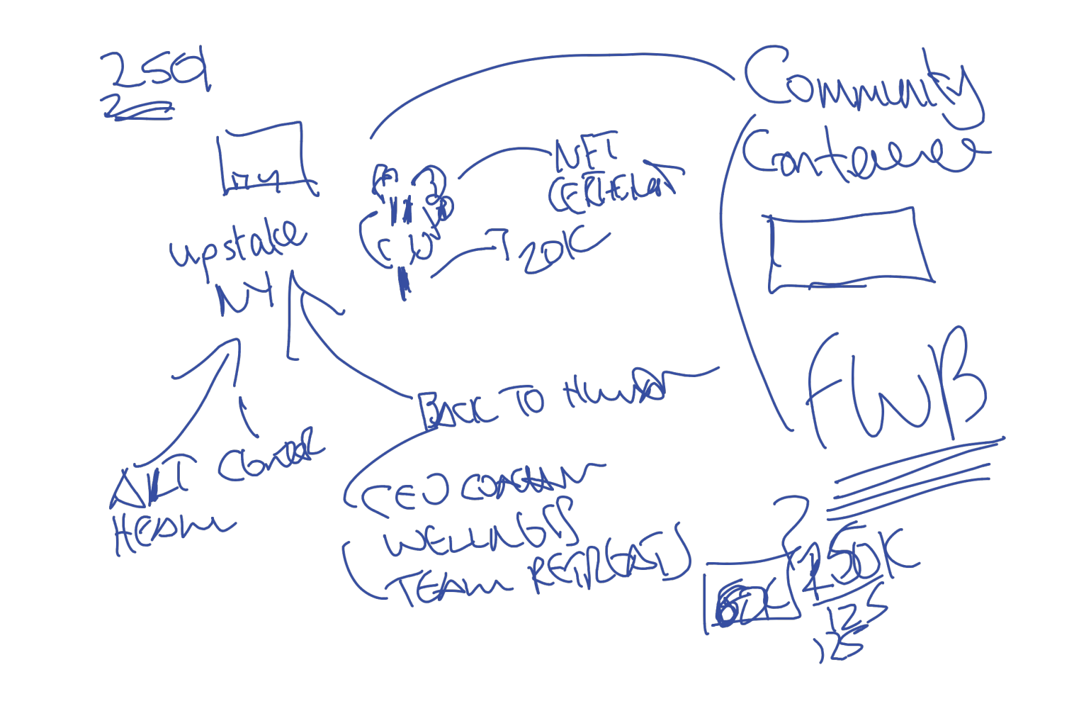 A blue-marker whiteboard scribble of the earliest idea: Back to Human, upstate NY, community, CEO coaching and team retreats, with arrows connecting them.