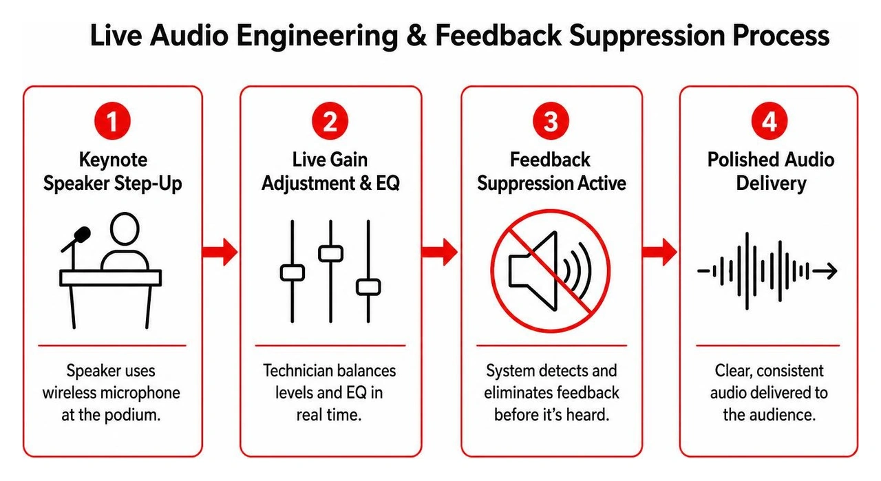 Live audio engineering and feedback suppression process