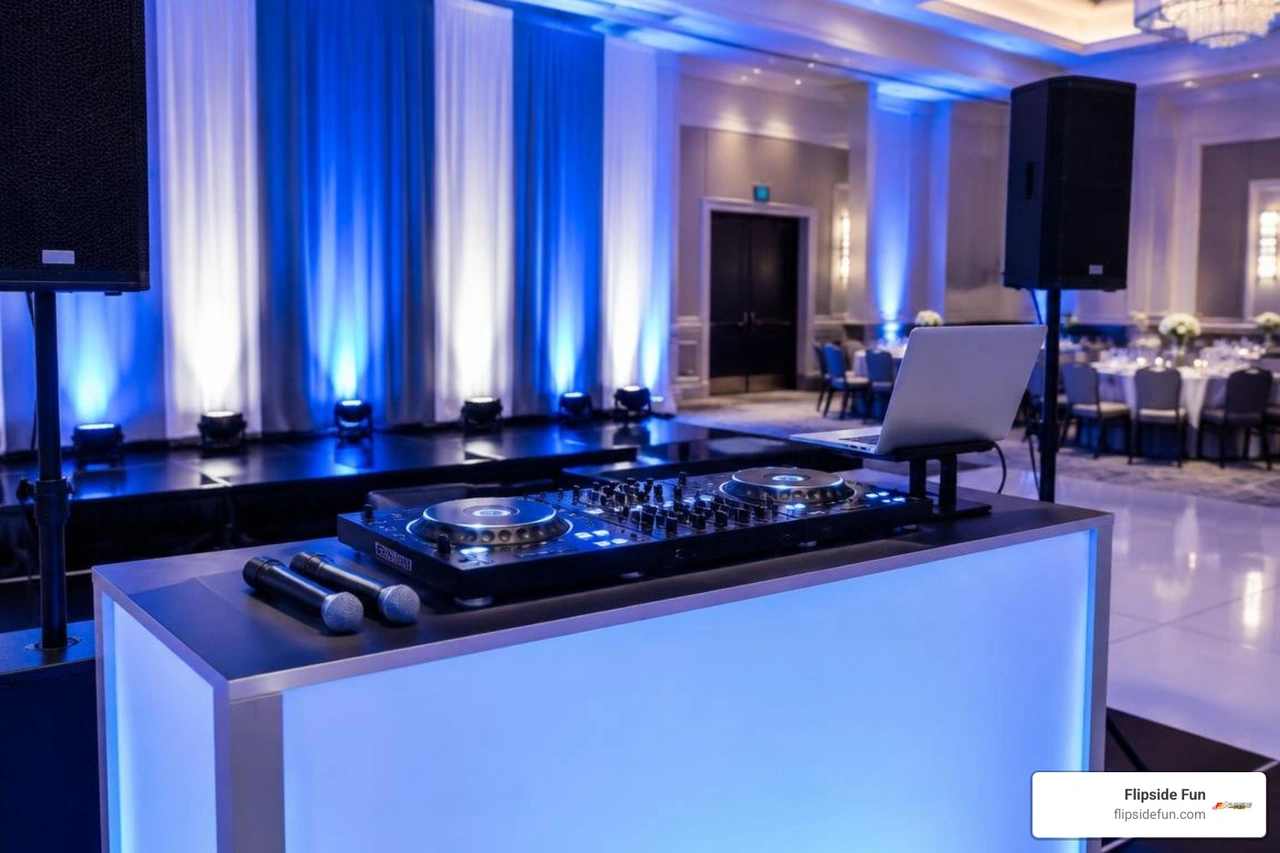 sleek modern corporate DJ setup with brand-colored uplighting and professional audio gear sleek modern corporate DJ setup with brand-colored uplighting and professional audio gear