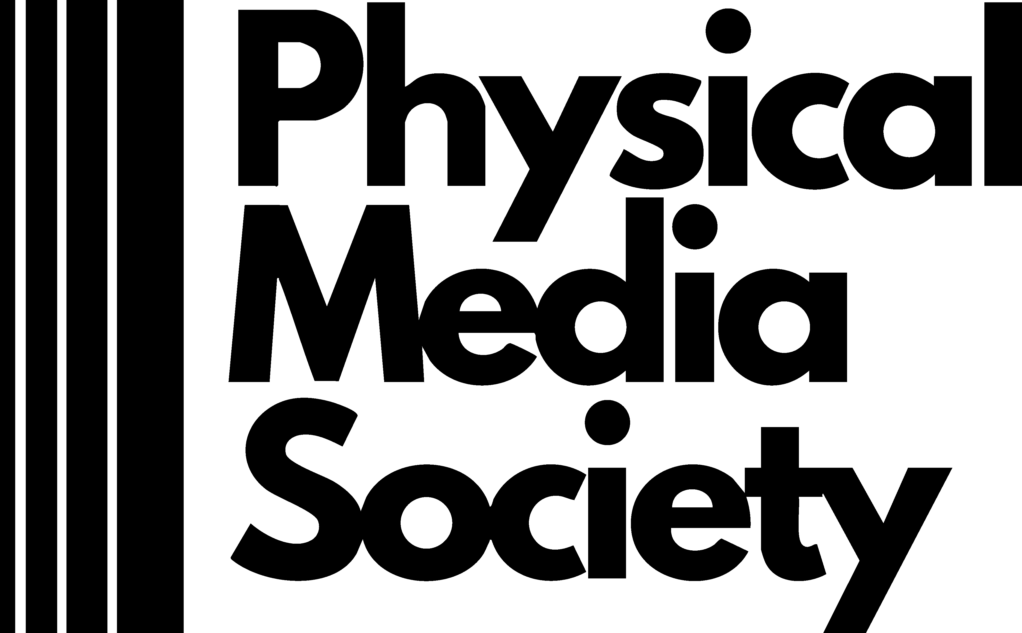 Black and white geometric logo of a circle intersecting with a series of abstract shapes, with the text 'Physical Media Society' below.