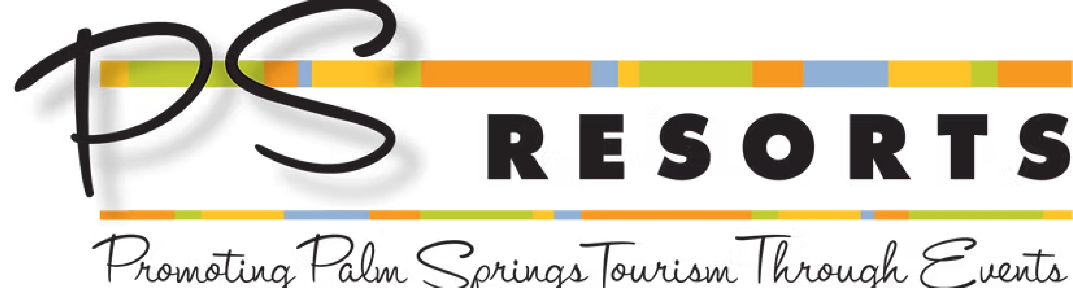 Logo of PS Resorts with colorful horizontal stripes and the tagline Promoting Palm Springs Tourism Through Events.