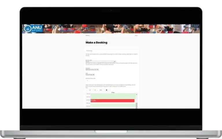 Envibe booking screen for tennis facilities on ANU’s website.