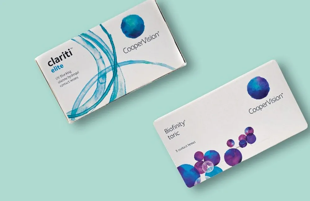 CooperVision clariti elite and Biofinity toric contact lens boxes