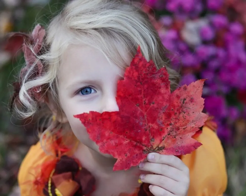 Child holding an autumn leaf in front of one eye