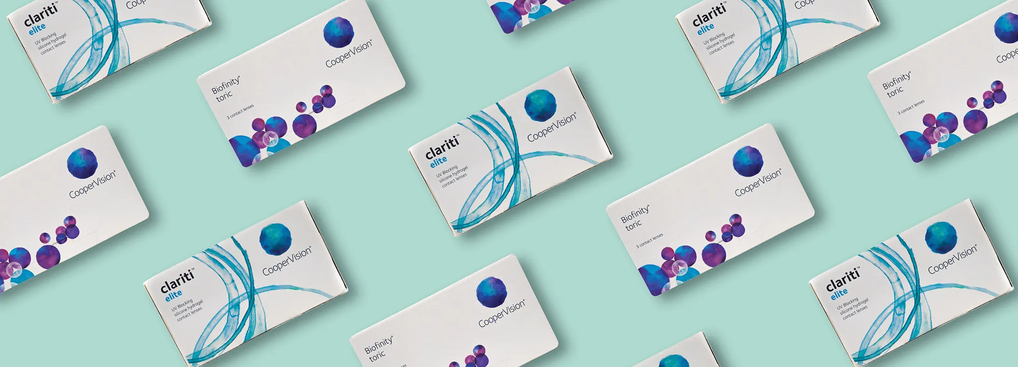 Pattern of CooperVision contact lens boxes for clariti elite and Biofinity toric on a teal background.
