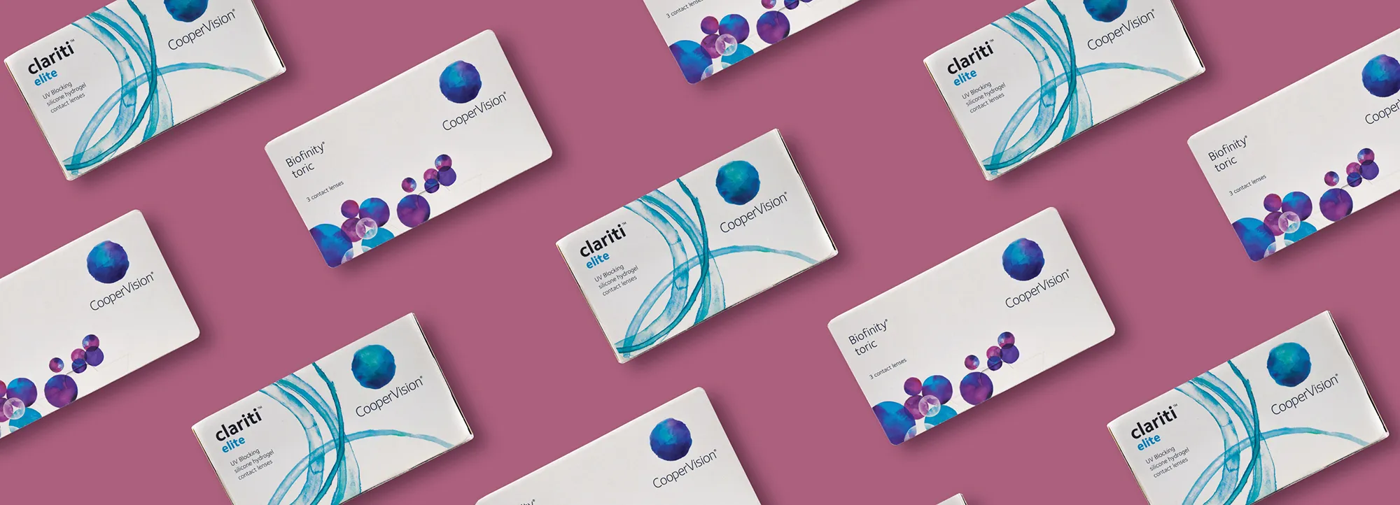 CooperVision contact lens boxes arranged in a pattern