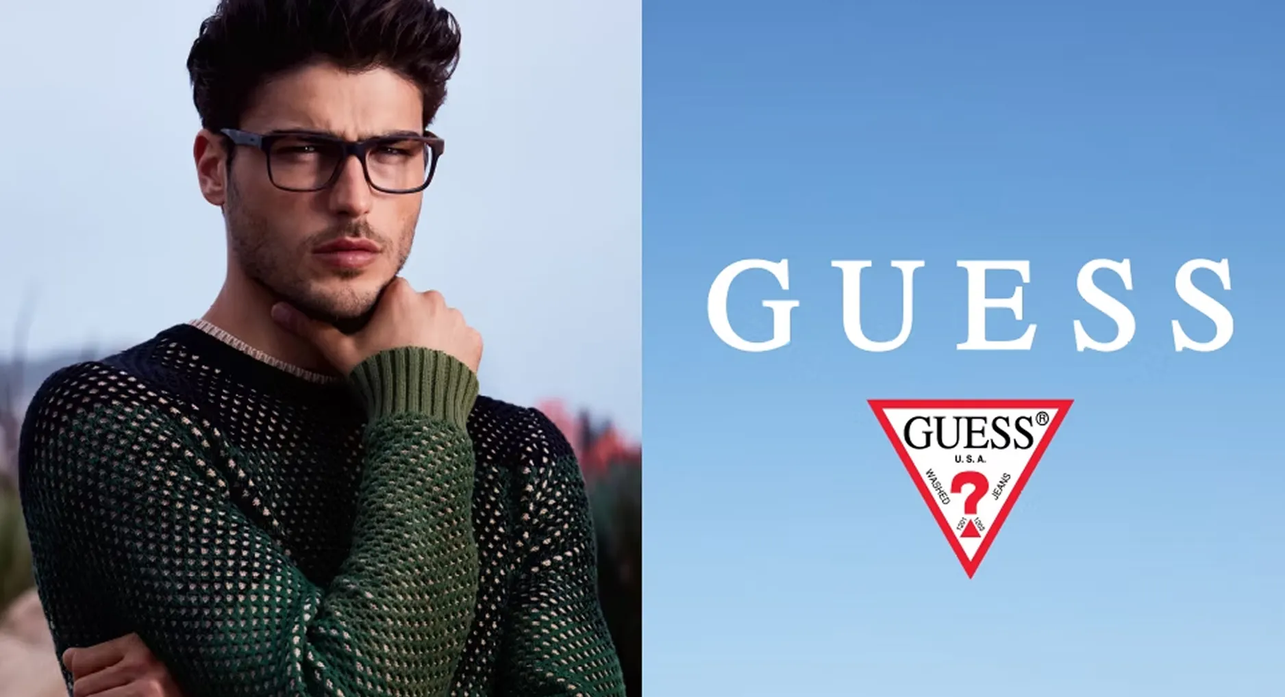 Guess eyewear ad with a man in rectangular glasses beside the Guess logo.