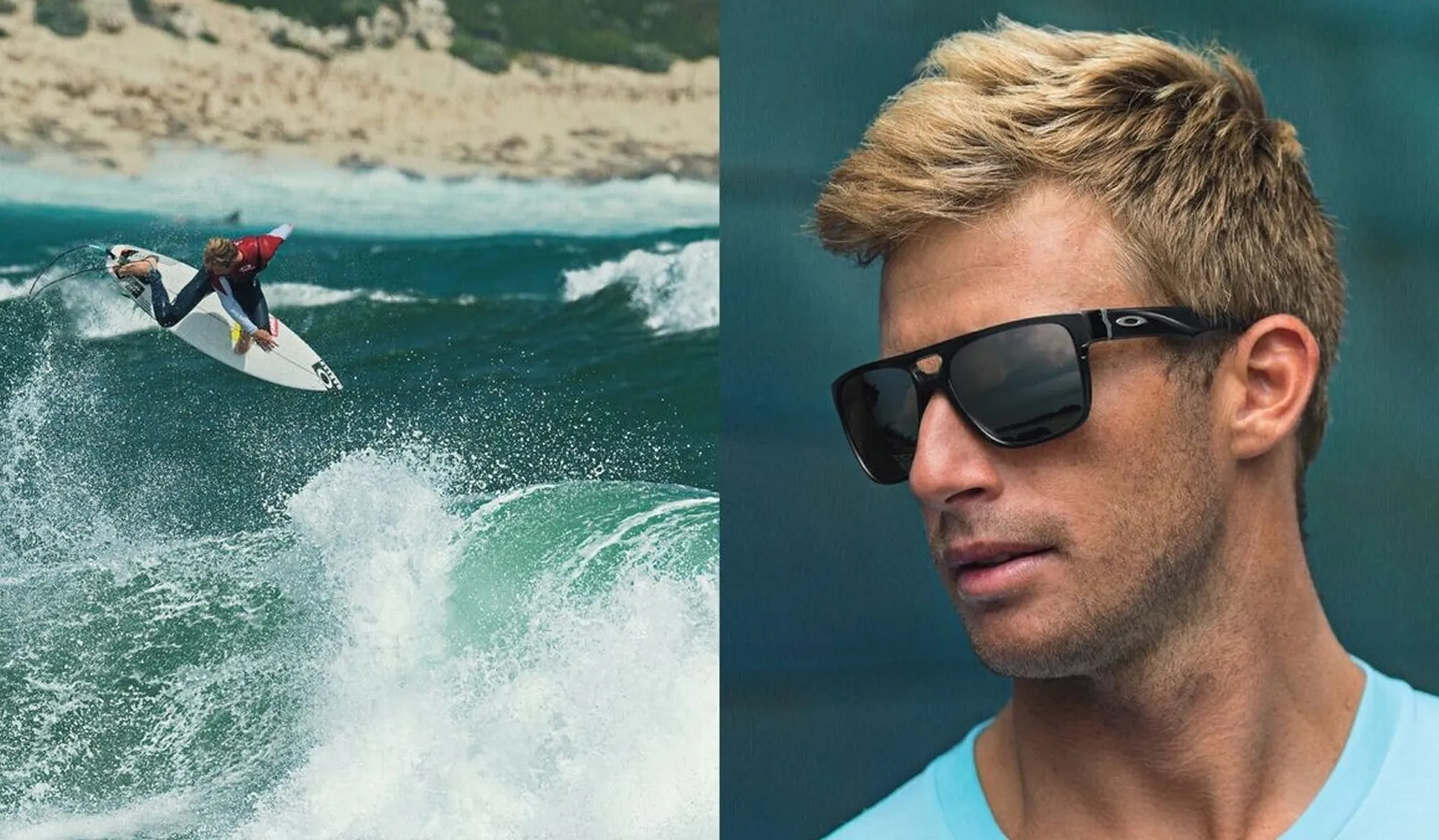 Split image of a surfer riding a wave and a man wearing black Oakley sunglasses.