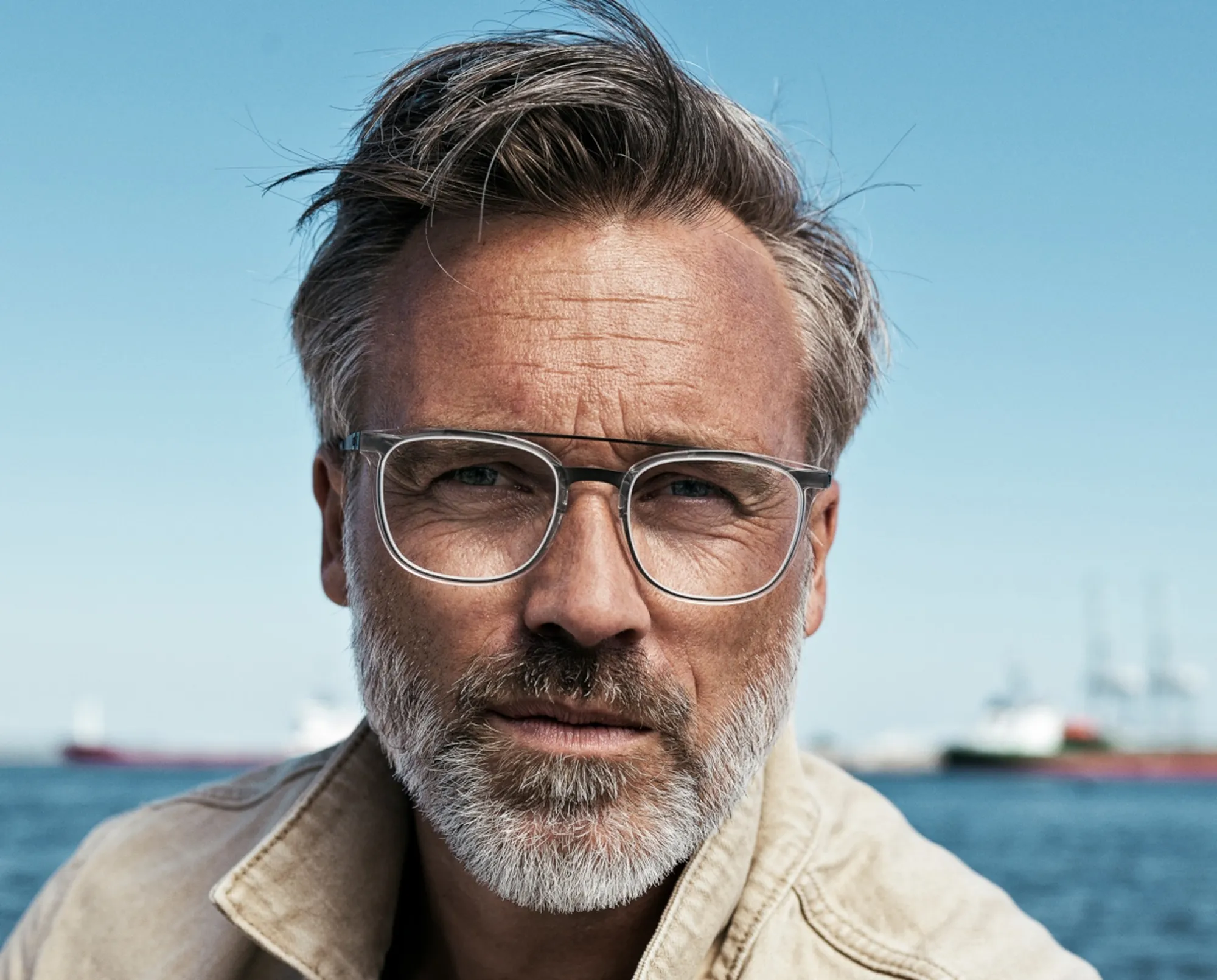 Gray-haired man wearing clear-frame eyeglasses at a harbor with ships in the background.
