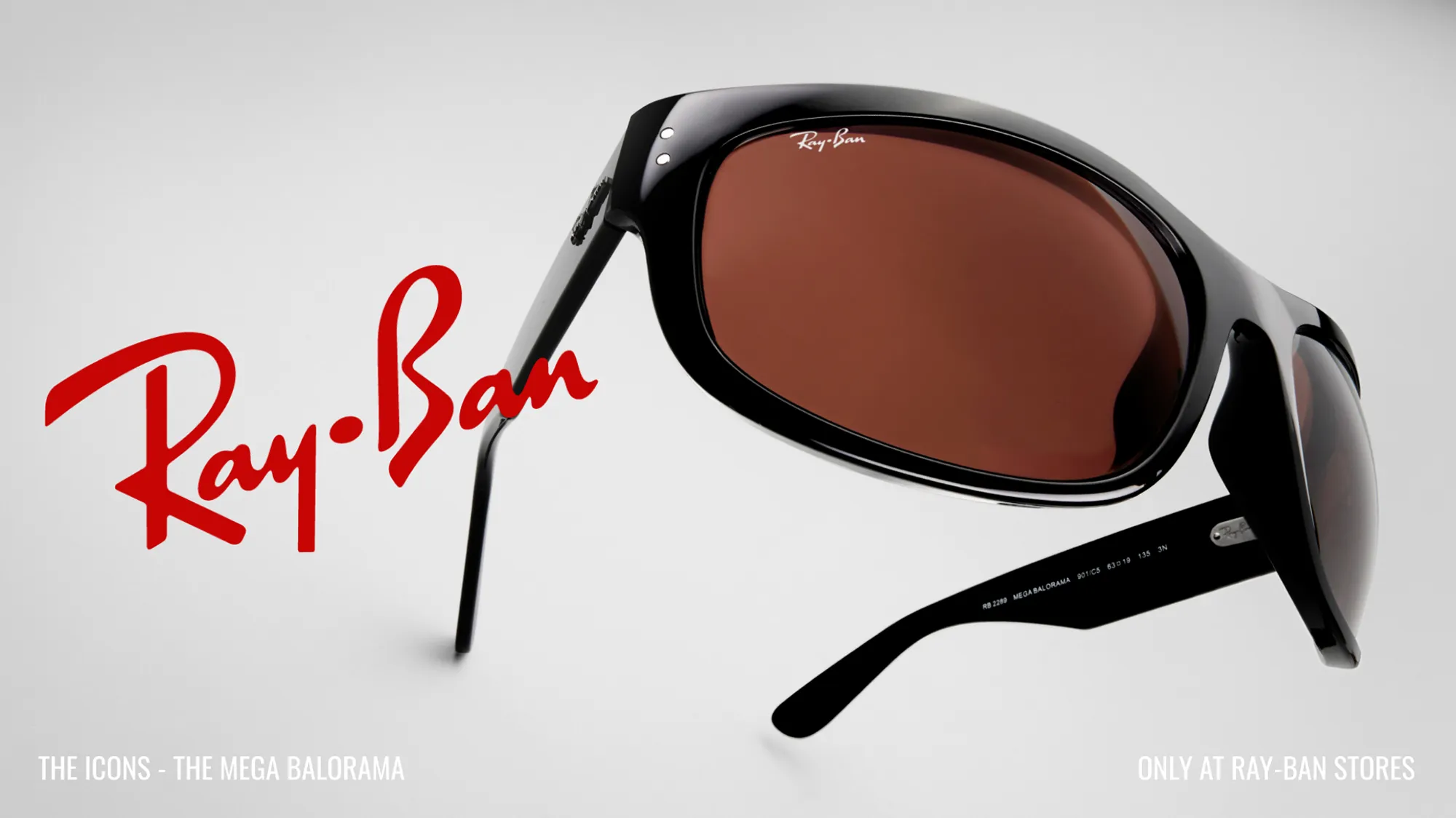 Ray-Ban ad showing black Mega Balorama sunglasses beside the red Ray-Ban logo.
