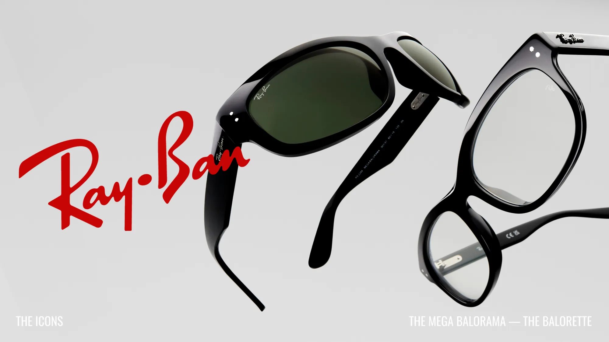 Ray-Ban ad showing black Mega Balorama sunglasses and Balorette glasses beside the red Ray-Ban logo.
