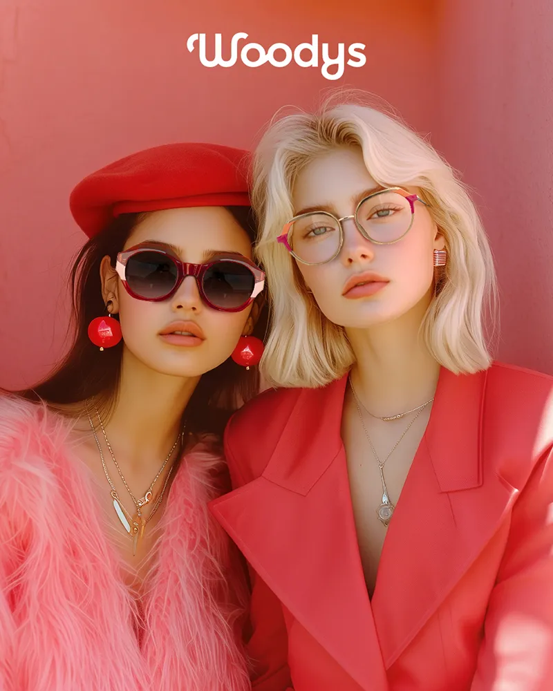Woodys ad with two women in sunglasses and glasses against a pink background, below the Woodys logo.