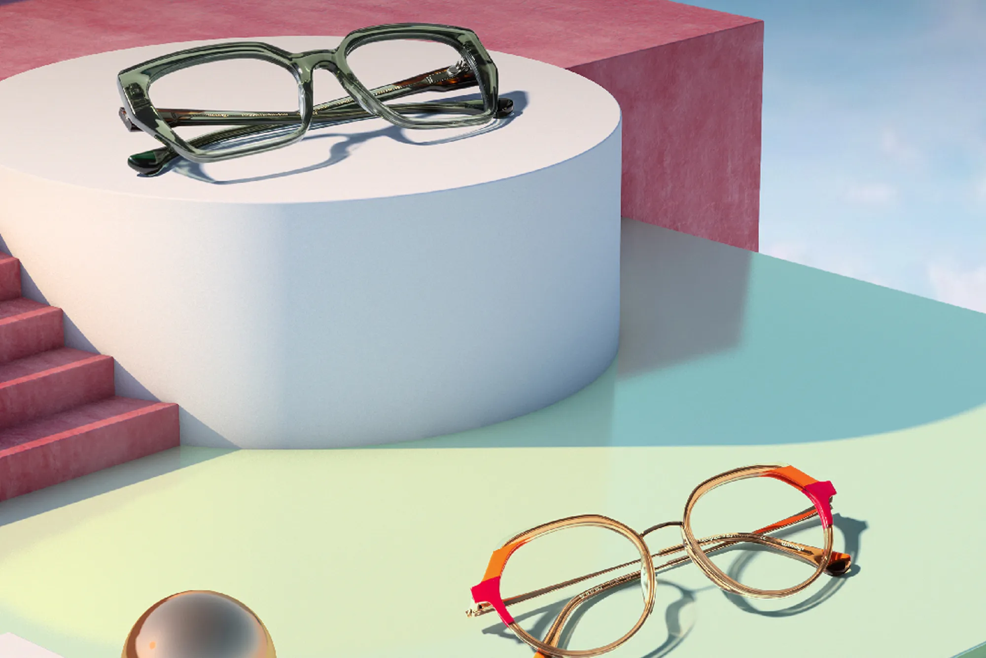 Woodys ad showing green and round eyeglasses on colorful geometric platforms, below the Woodys logo.