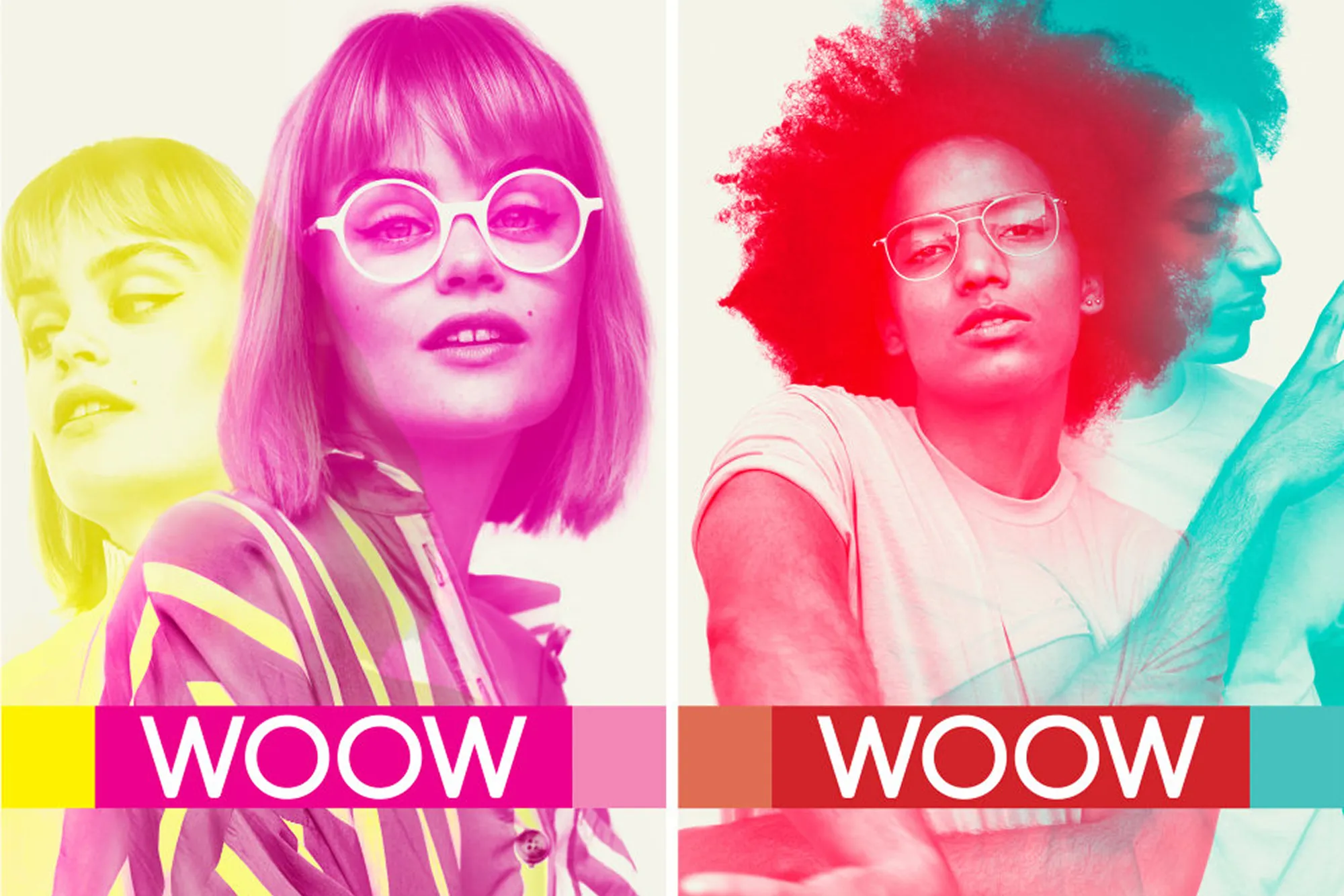 WOOW eyewear ad with people in glasses, in colorful pink and teal duotone with the WOOW logo.