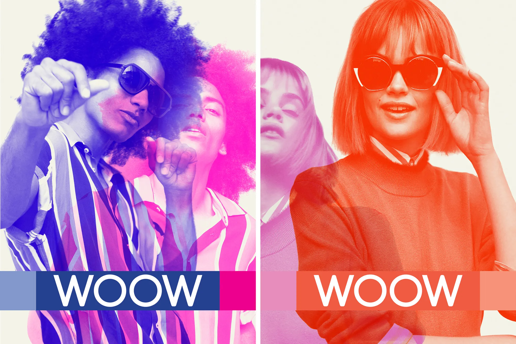 WOOW eyewear ad with people in sunglasses, in blue-pink and orange duotone with the WOOW logo.