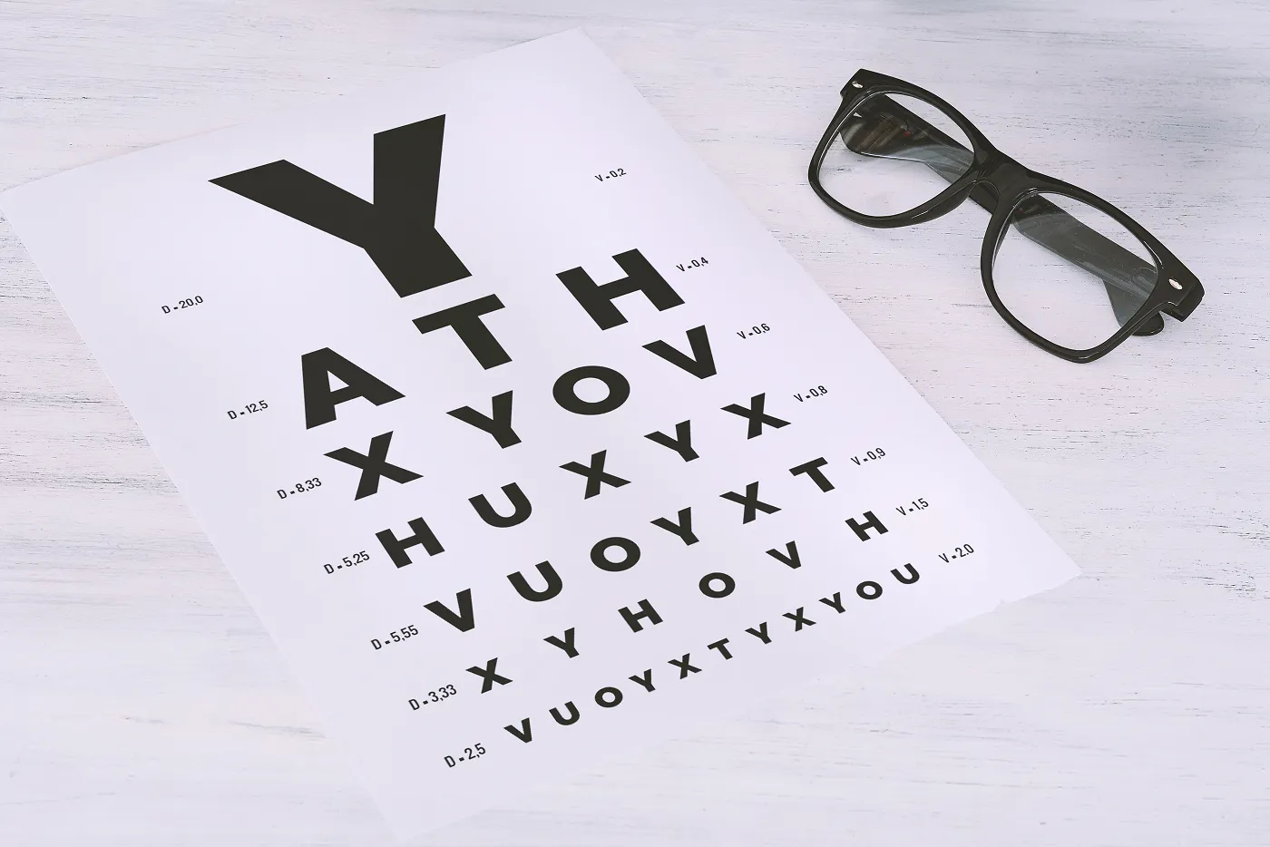 Eye test chart and a pair of black-framed glasses on a wooden surface