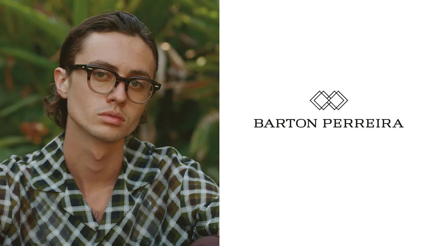 Man wearing tortoiseshell Barton Perreira eyeglasses beside the brand logo