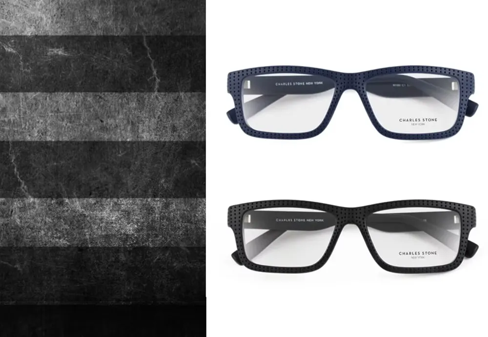 Two Charles Stone New York eyeglasses with perforated rectangular frames in navy blue and black