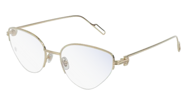 Cat-eye sunglasses with thin gold frames and reflective blue-gray lenses.