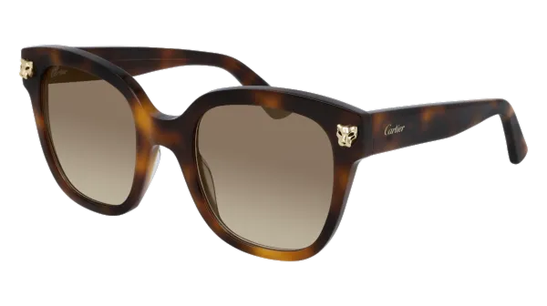 Tortoiseshell square-shaped Cartier sunglasses with gradient brown lenses and gold panther head accents.