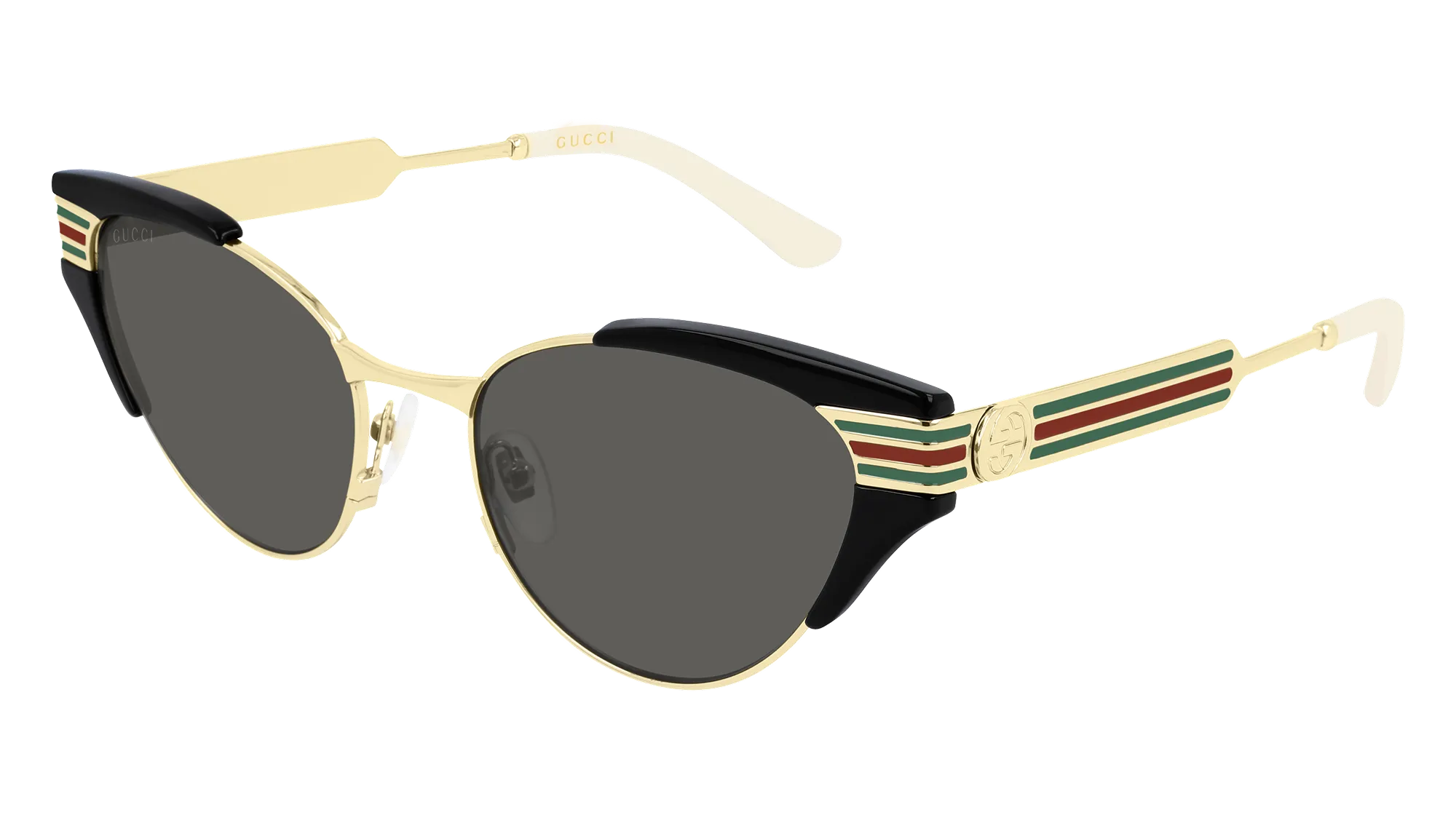 Gold-framed Gucci sunglasses with black upper rims and dark lenses featuring green and red striped accents.