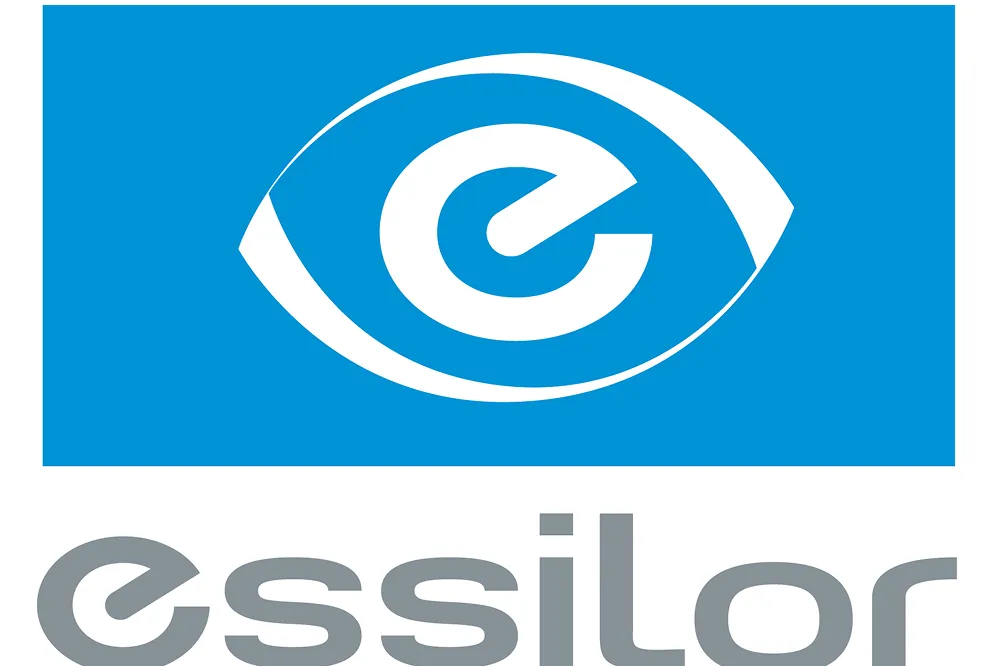 Essilor company logo with stylized white eye and lowercase e on blue background.