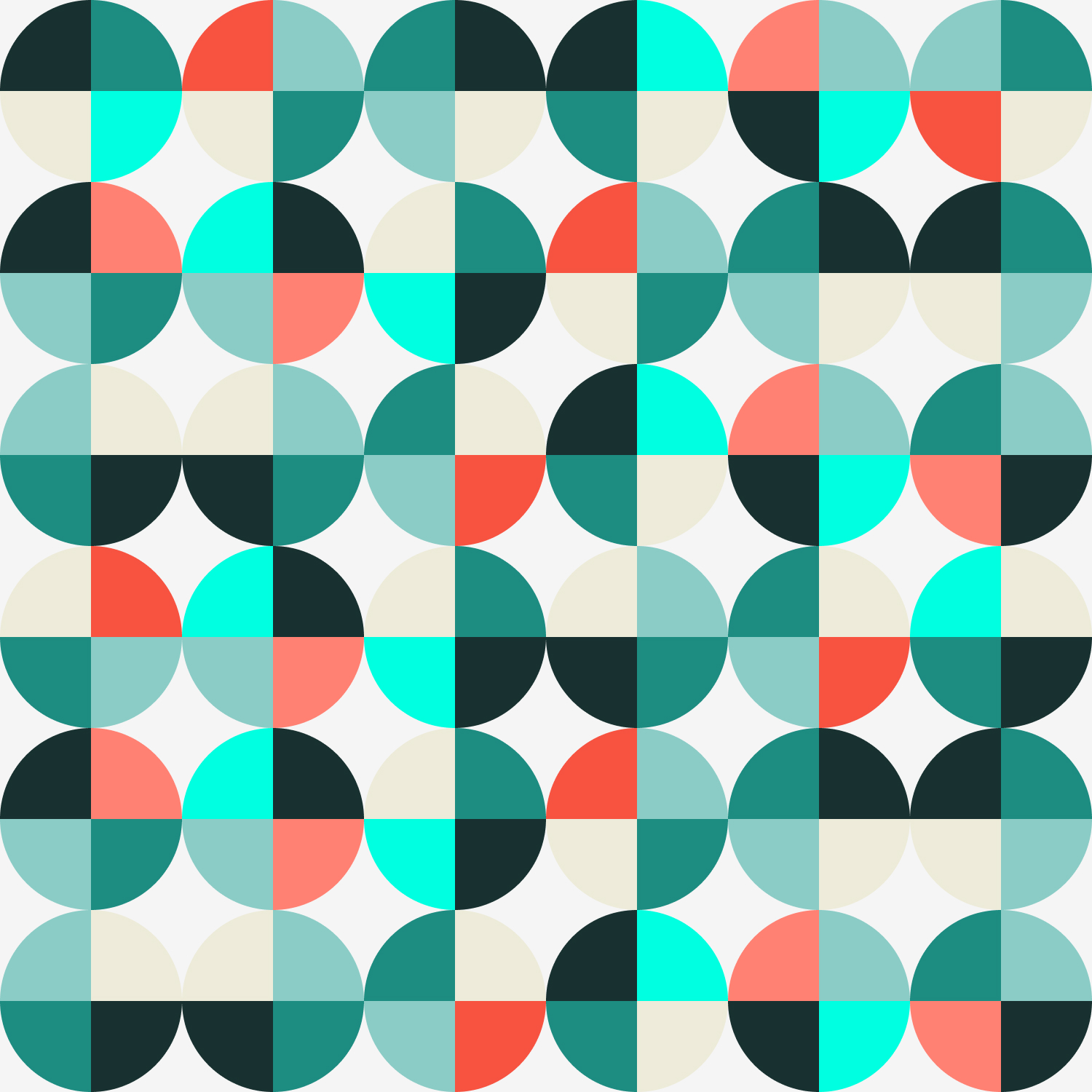 Colorful geometric pattern with circles divided into four colored quadrants in teal, coral, black, and cream.