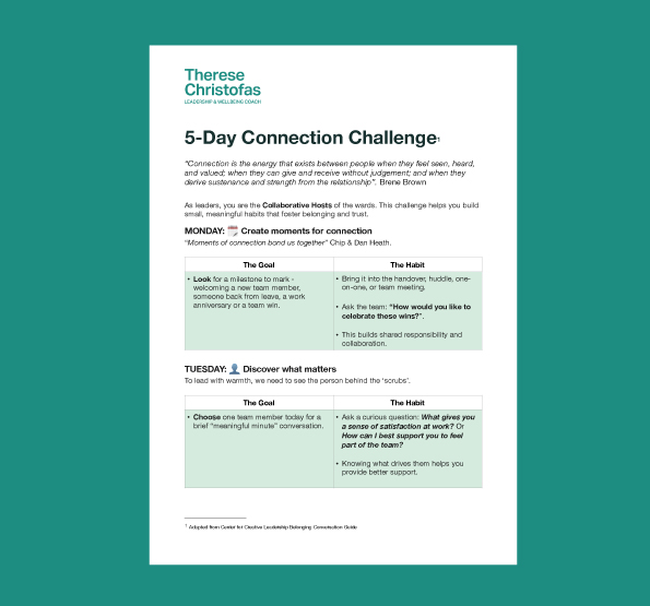 5-Day Connection Challenge guide with goals and habits for Monday and Tuesday to build team connection.