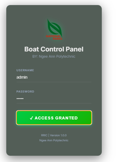 The login screen after entering admin credentials, showing a green Access Granted button