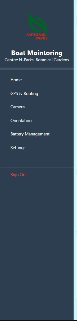 The left navigation sidebar, listing Home, GPS and Routing, Camera, Orientation, Battery Management, Settings, and a Sign Out link