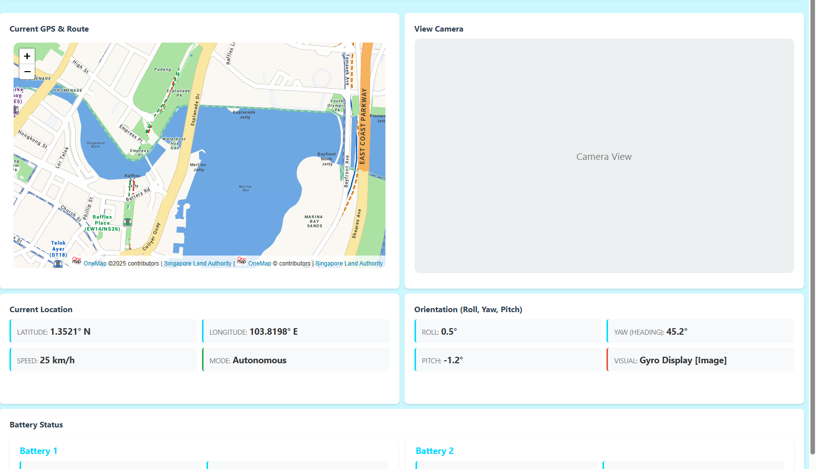 The Home dashboard grid, showing the GPS map, camera view placeholder, current location panel, and orientation panel