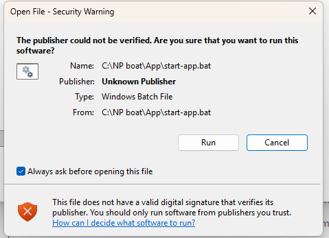 Windows Open File Security Warning dialog for start-app.bat, with the Run button highlighted