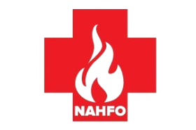 Red medical cross with a black flame icon in the center and the text NAHFO below the flame.